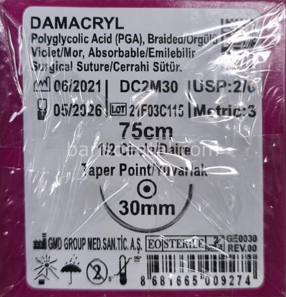 Damacryl Emilebilir Sutür 2/0 75cm 26 mm Yuvarlak ( Sınırlı Stok)