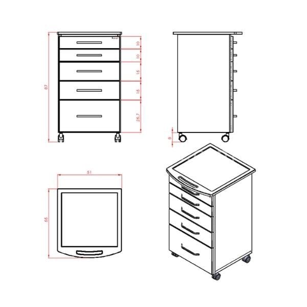 Dental LMMD-5 Membran Tezgahlı Mobil Dolap 5 çekmeceli