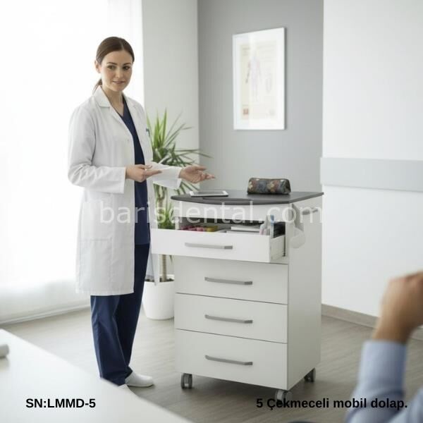 Dental CMMD-51 Cam Tezgahlı Mobil Dolap 5 Çekmeceli