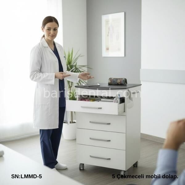 Dental CMMD-51 Cam Tezgahlı Mobil Dolap 5 Çekmeceli