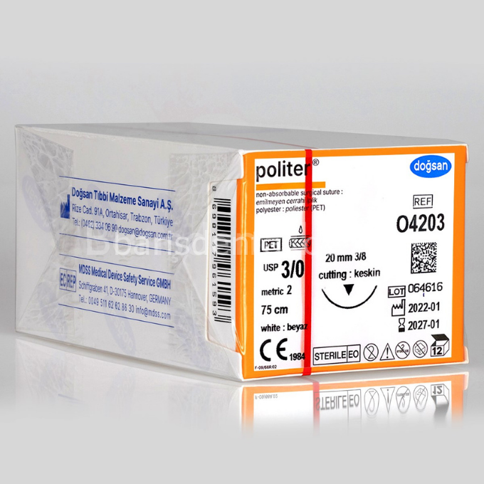 Doğsan Politer Beyaz Sütur, 3/0 20 3/8 Keskin (▼),75cm